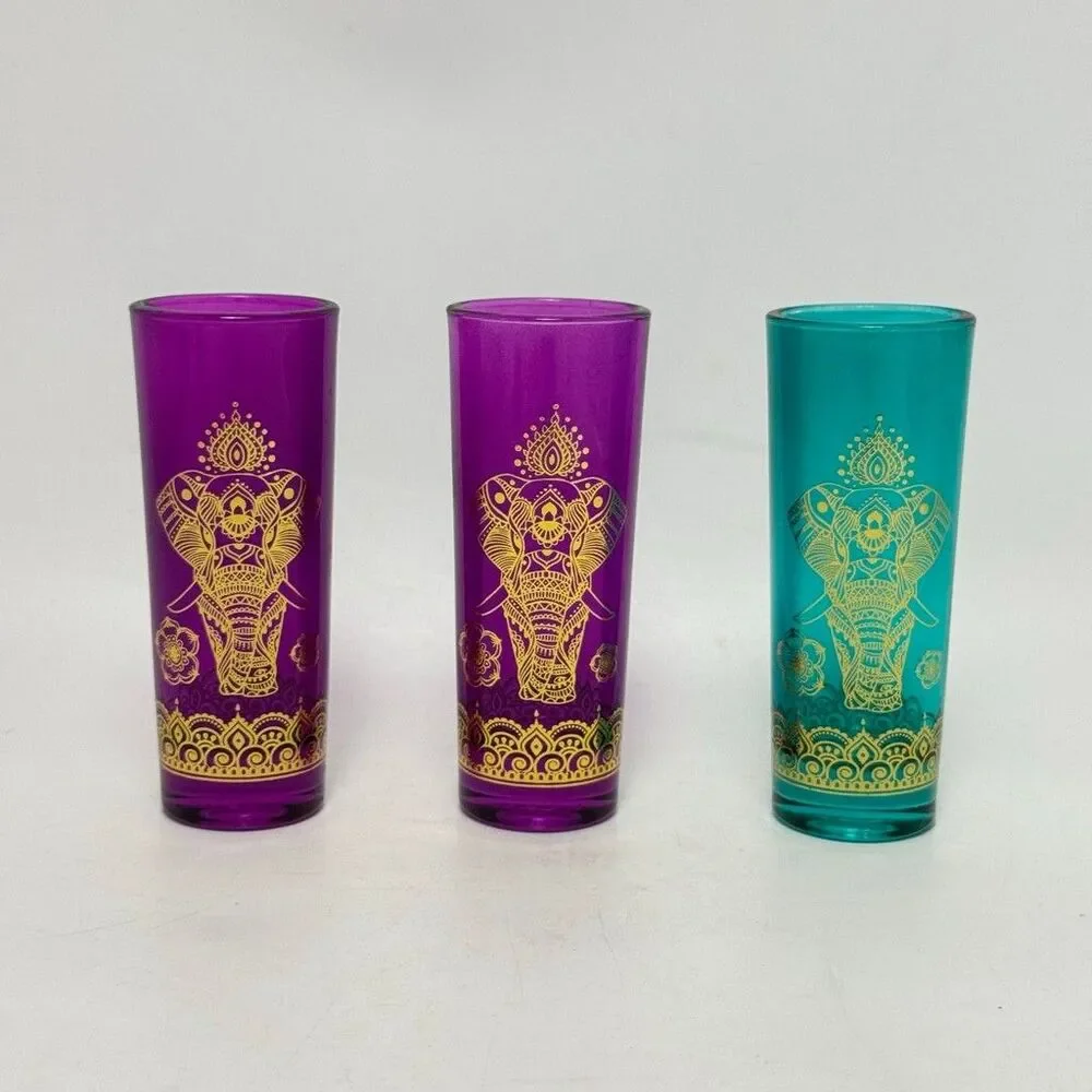 TMD Retail Elephant Print Tall Shooters 2oz Shot Glasses Purple and Teal 3 Pcs